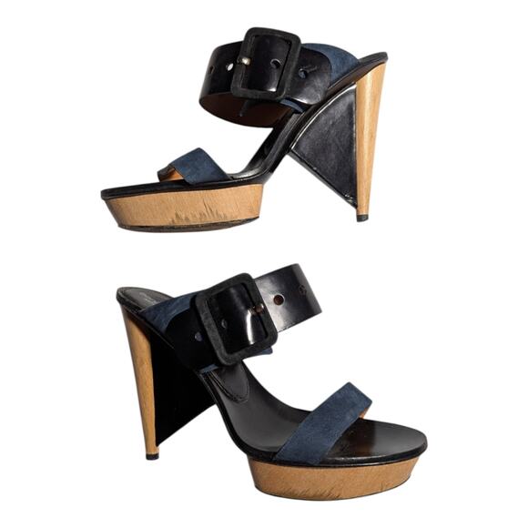 Sergio Rossi Shoes - Sergio Rossi Navy Blue Suede Black Leather Wooden Heel Slide Sandals 40 9.5